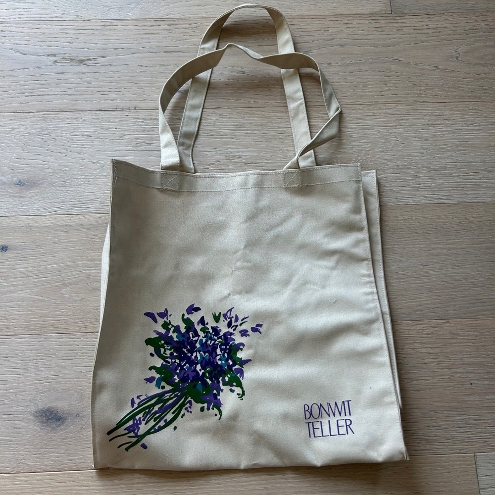 Vintage Bonwit Teller Canvas Tote Bag Floral Graphic Cream Shopper Taiwan
